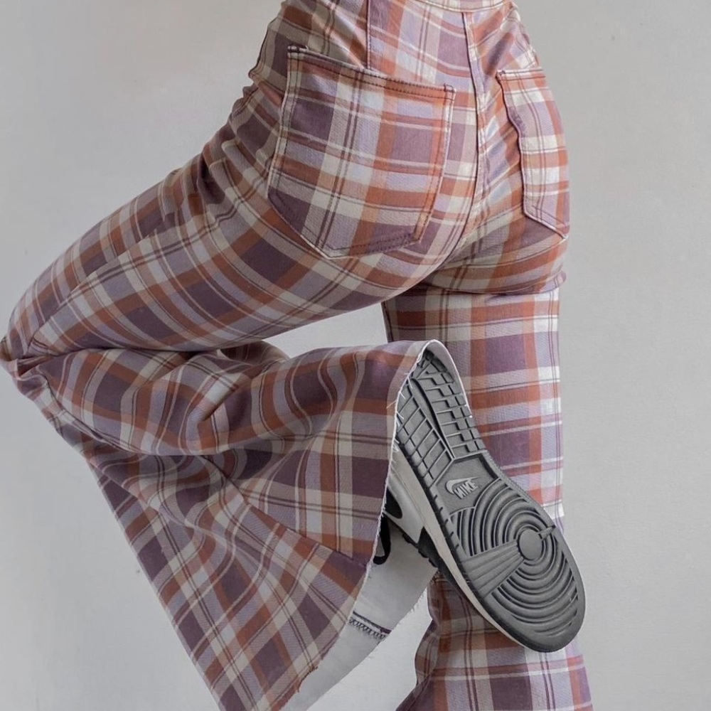 Free People Plaid Flare Pants in Purple and Cream - Picture 2 of 4